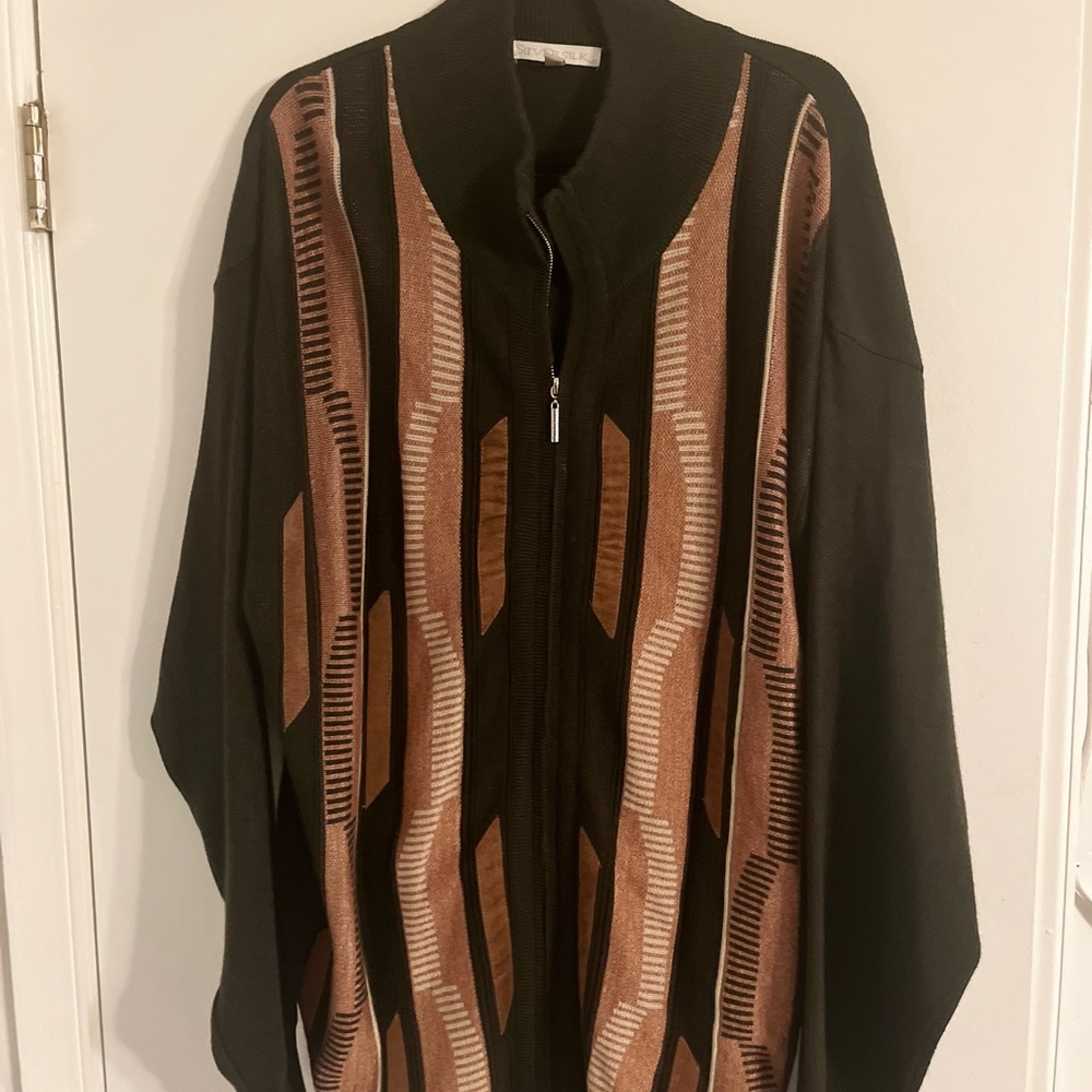 SILVER SILK Full Zip Sweater, Black/Tan